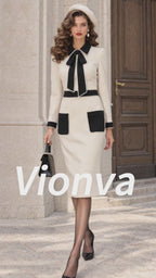 Vintage Bow-Tie Contrast-Pocket Wool Mermaid Dress