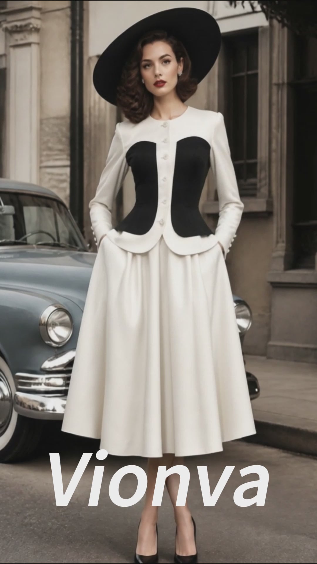 Vintage Ivory Black-Corset Peplum Jacket & Skirt Set