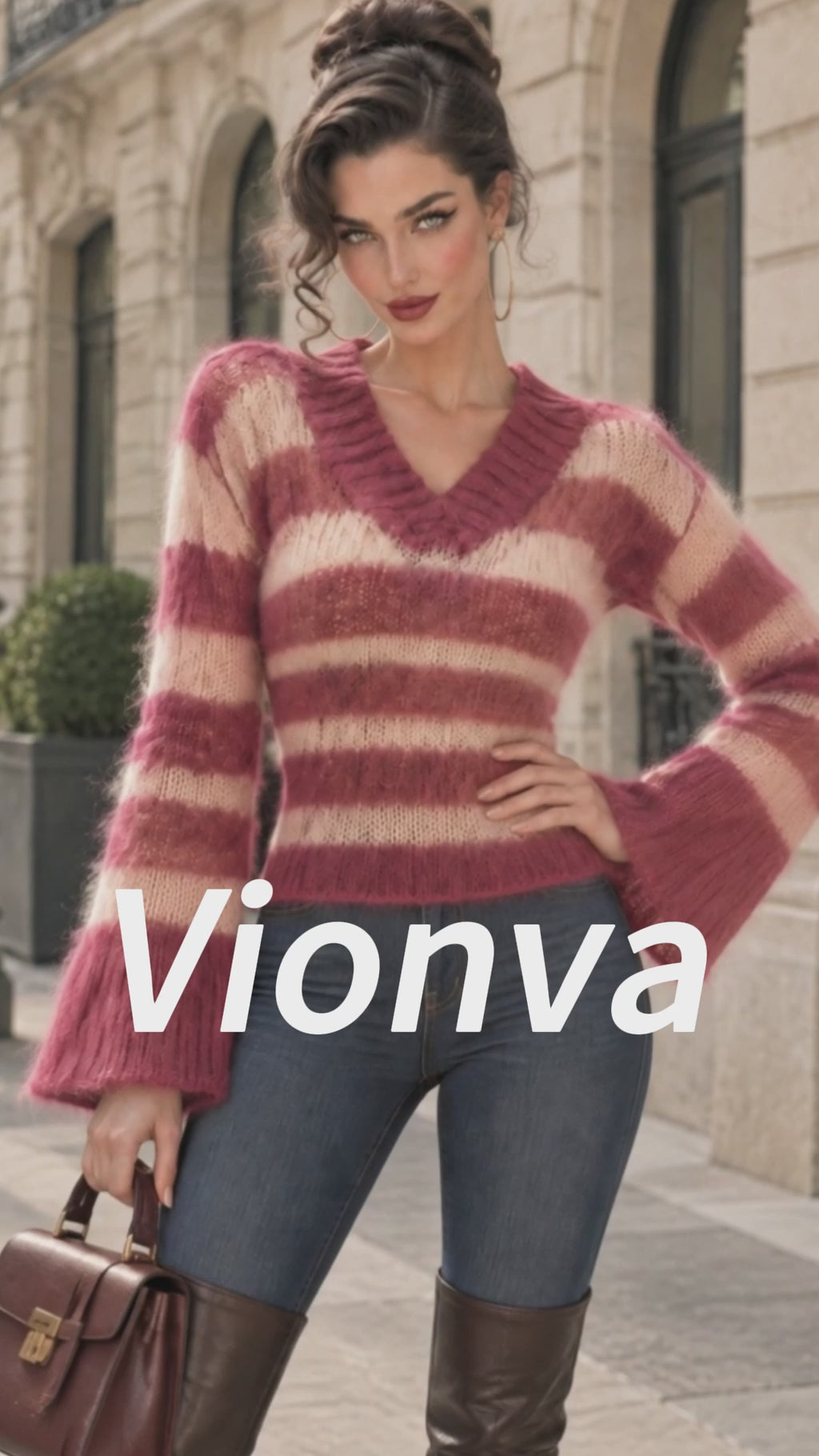 Vintage Stripe Print Mohair V Neck Sweater