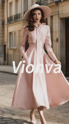 Vintage Pink Bow-Tie Neck Satin A-Line Midi Dress