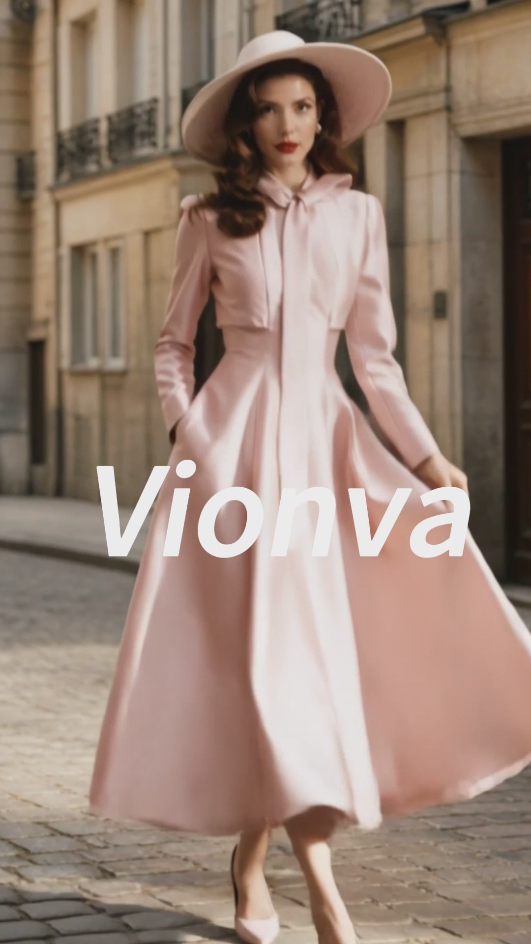 Vintage Pink Bow-Tie Neck Satin A-Line Midi Dress
