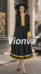Vintage Black Yellow Ruffle-Trim Bell-Sleeve A-Line Dress