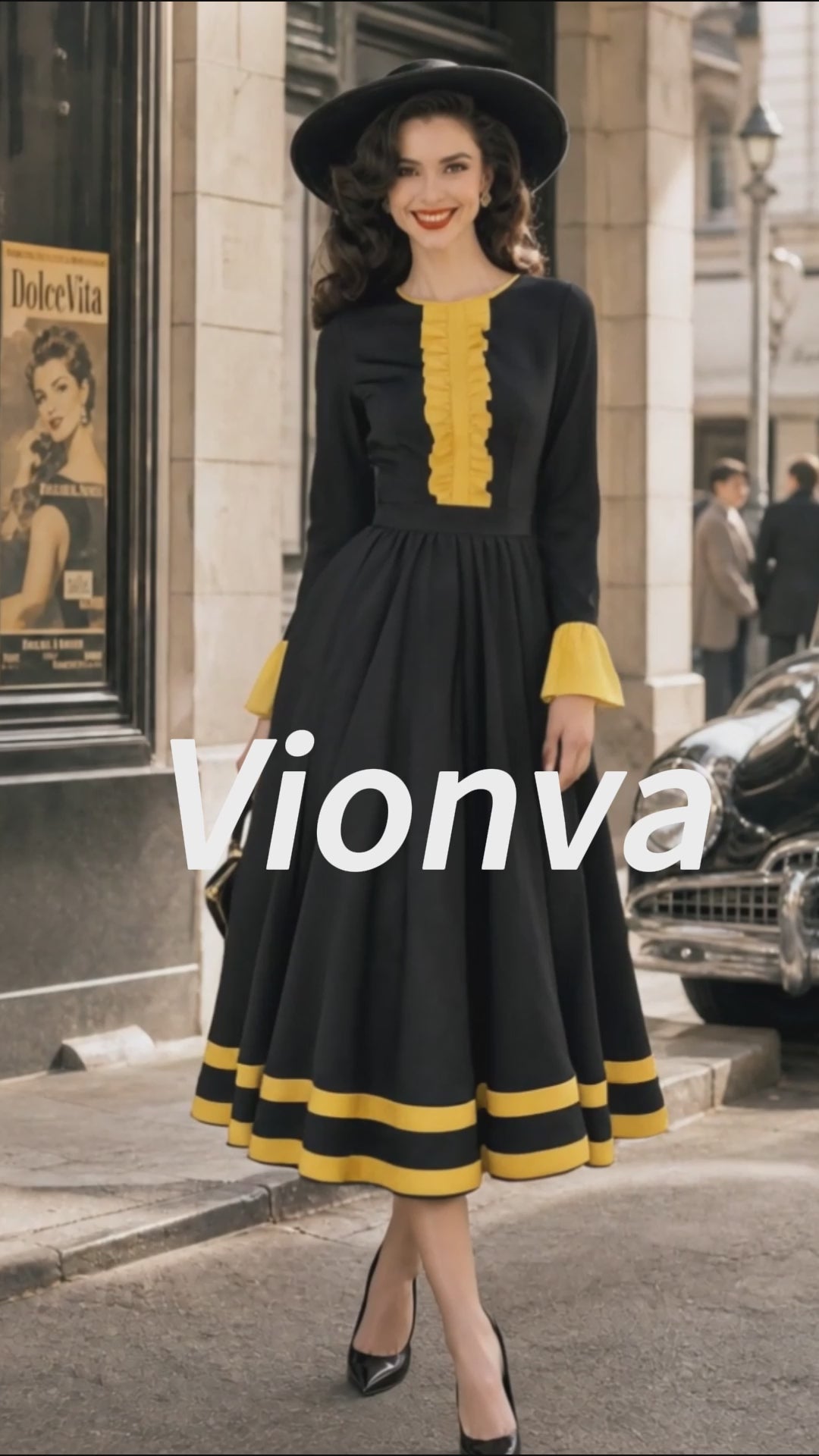 Vintage Black Yellow Ruffle-Trim Bell-Sleeve A-Line Dress