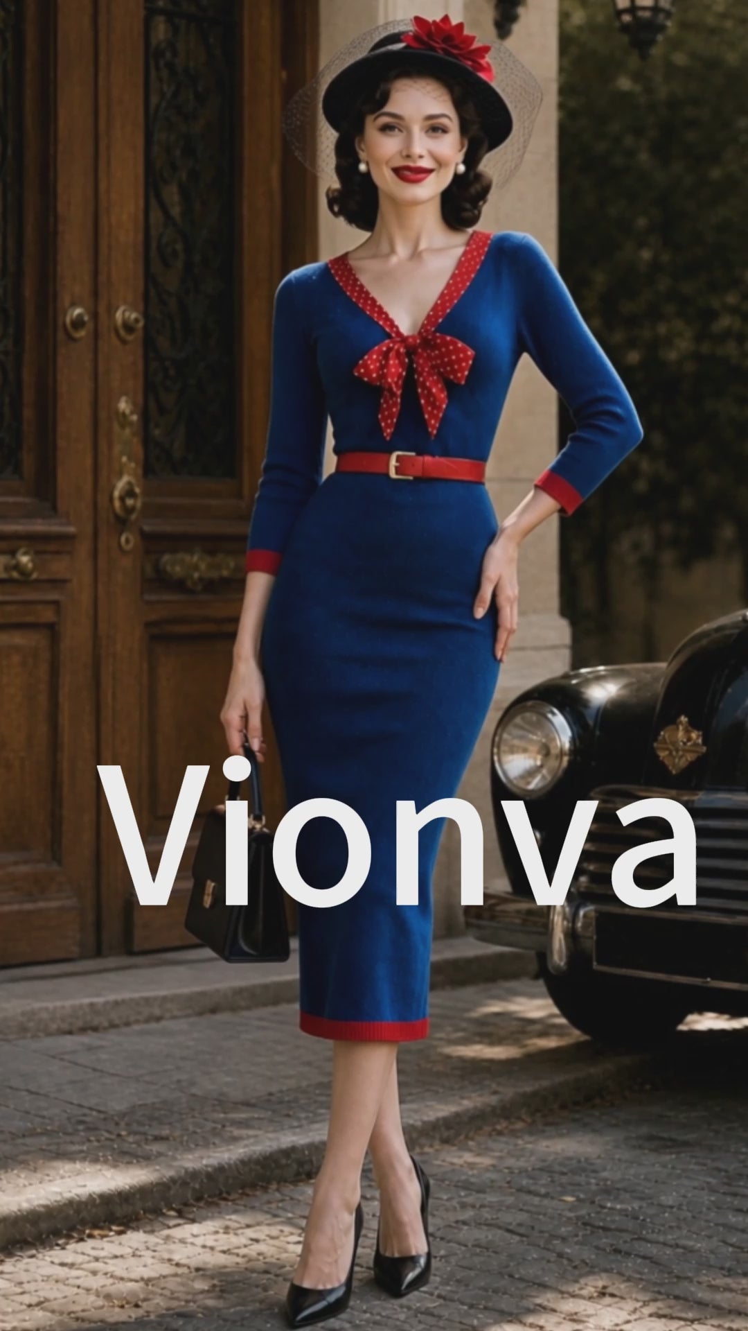 Vintage Blue Red Polka-Dot Bow Belted Knit Dress