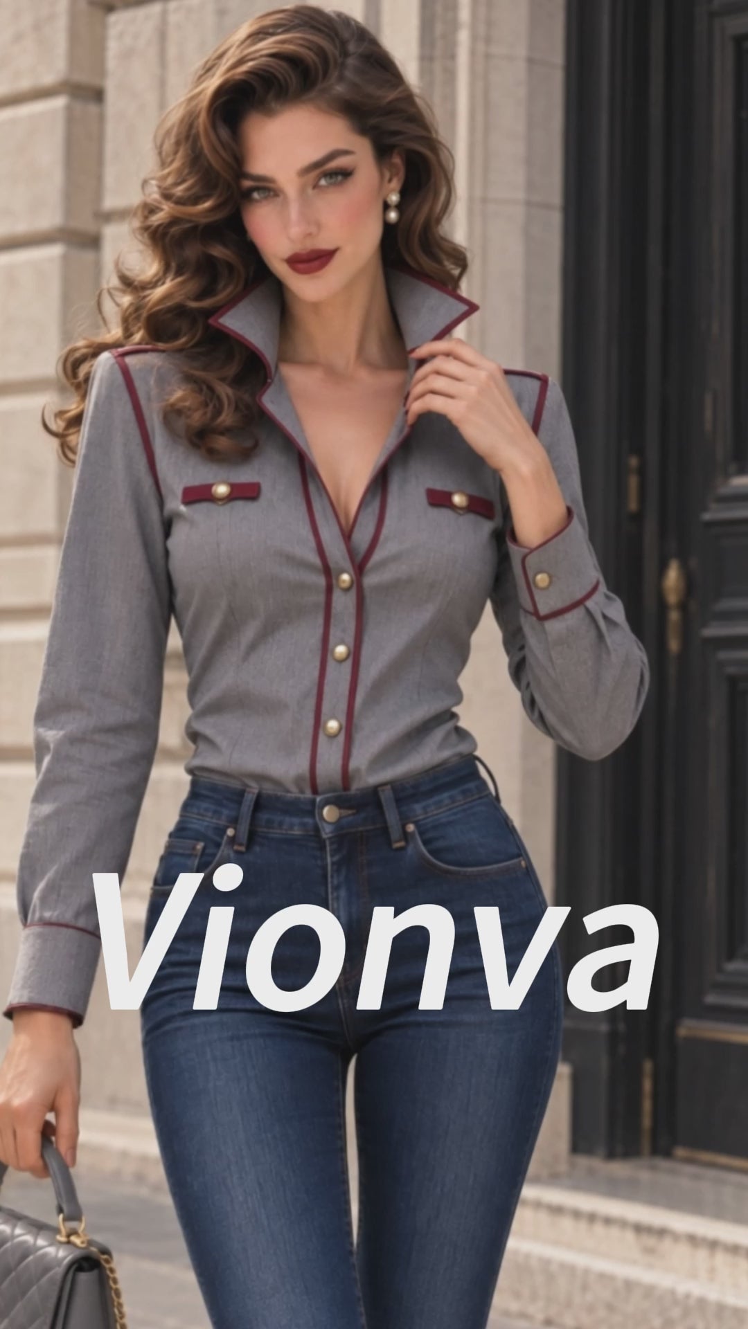 Vintage Contrast Piping Military Gold Button Blouse