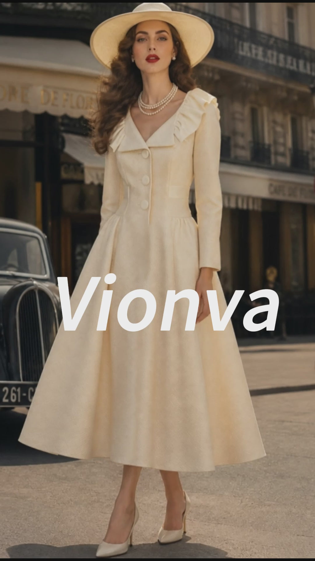 Vintage Cream Ruffle-Collar Button-Front Textured A-Line Dress