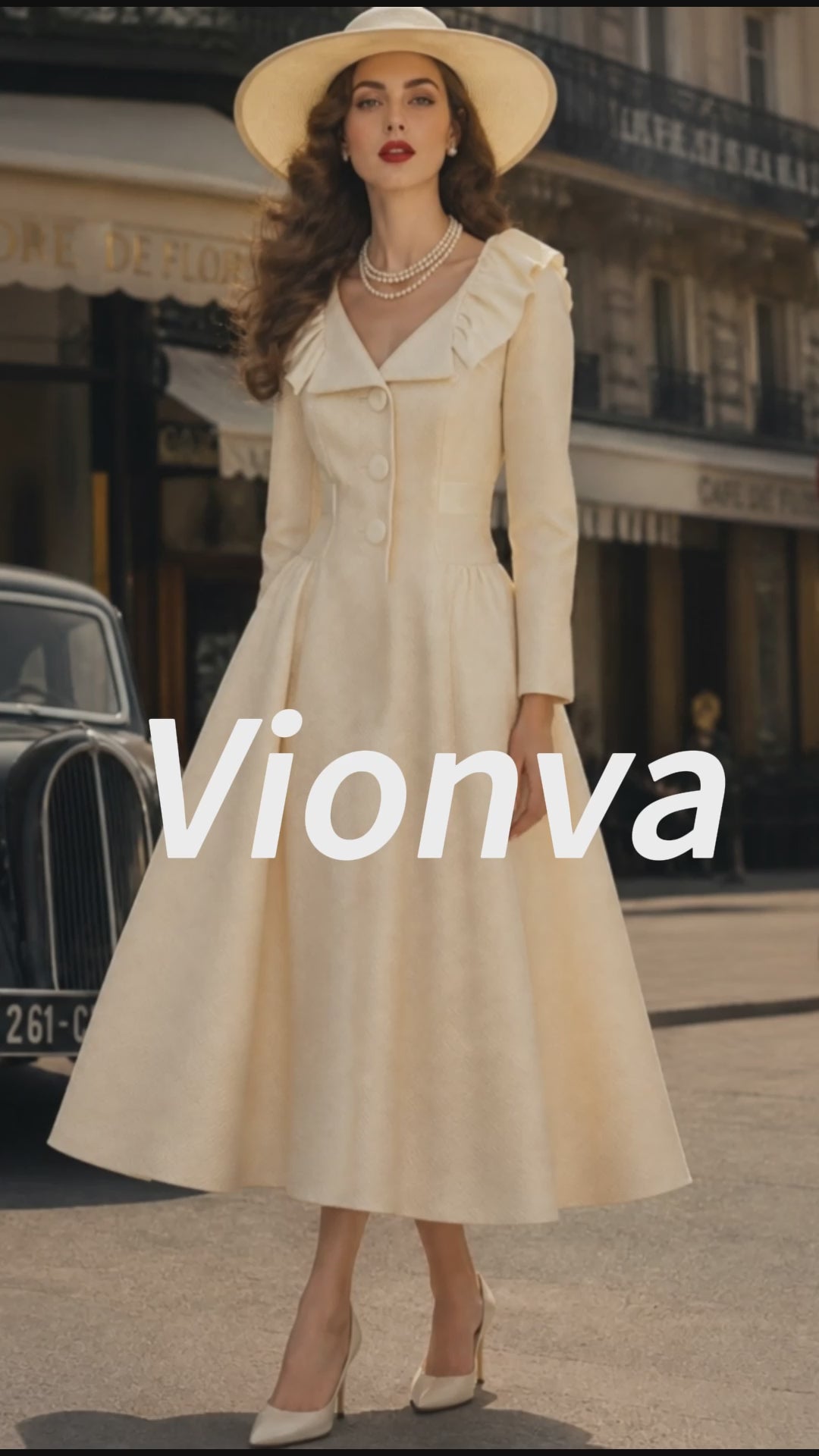 Vintage Cream Ruffle-Collar Button-Front Textured A-Line Dress