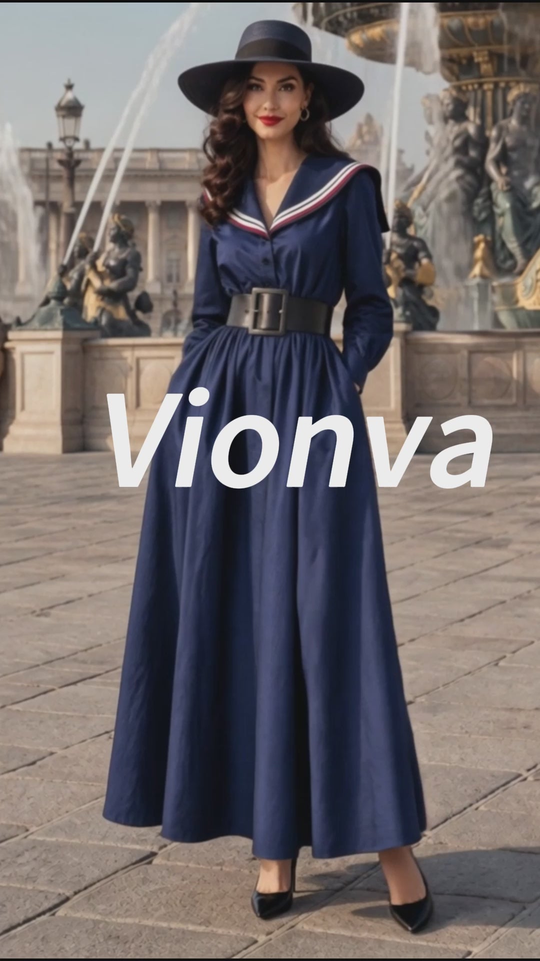 Vintage Navy Sailor-Collar Belted Long-Sleeve Maxi Dress