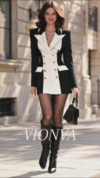 Vintage Black White Contrast Double Breasted Blazer Mini Dress