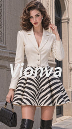 Vintage Zebra-Print Blazer Pleated Mini Dress