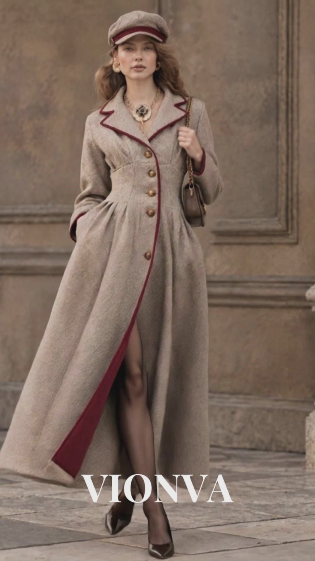 Vintage Color Block Contrast Binding Lapel Wool Blend Coat