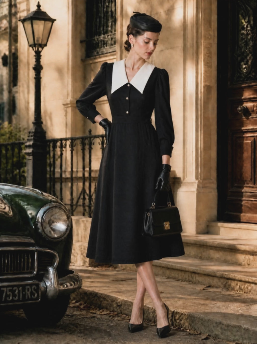Vintage Contrast White Peter-Pan Collar Pearl-Button Midi Dress