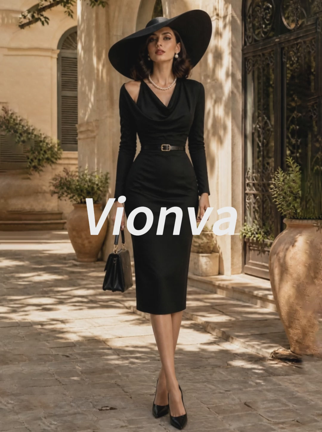 Vintage Black Cowl Neck Belted Bodycon Midi Dress