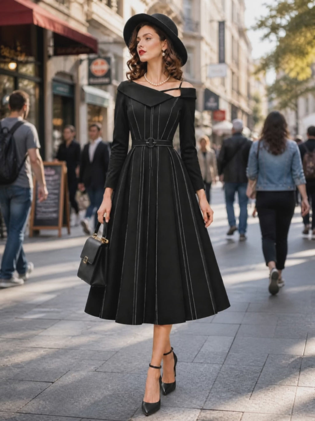 Vintage Pinstripe Cold A-Line Midi Dress