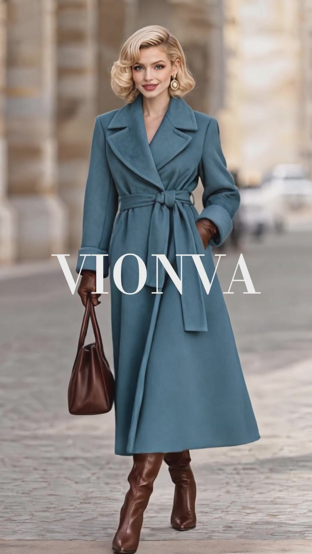 Vintage Dusty Blue Lapel Belted Flared Maxi Wool Coat