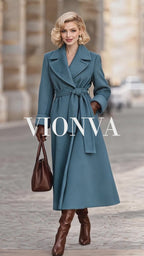 Vintage Dusty Blue Lapel Belted Flared Maxi Wool Coat