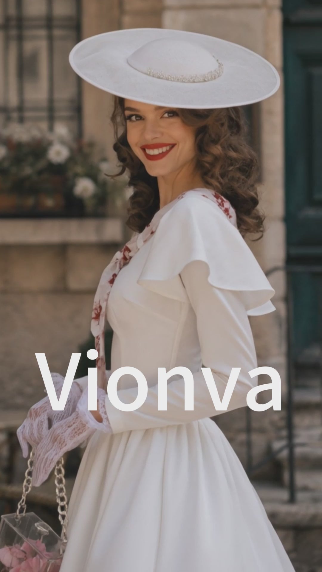 Vintage Ivory Floral Bow-Tie Long Sleeve A-Line Dress