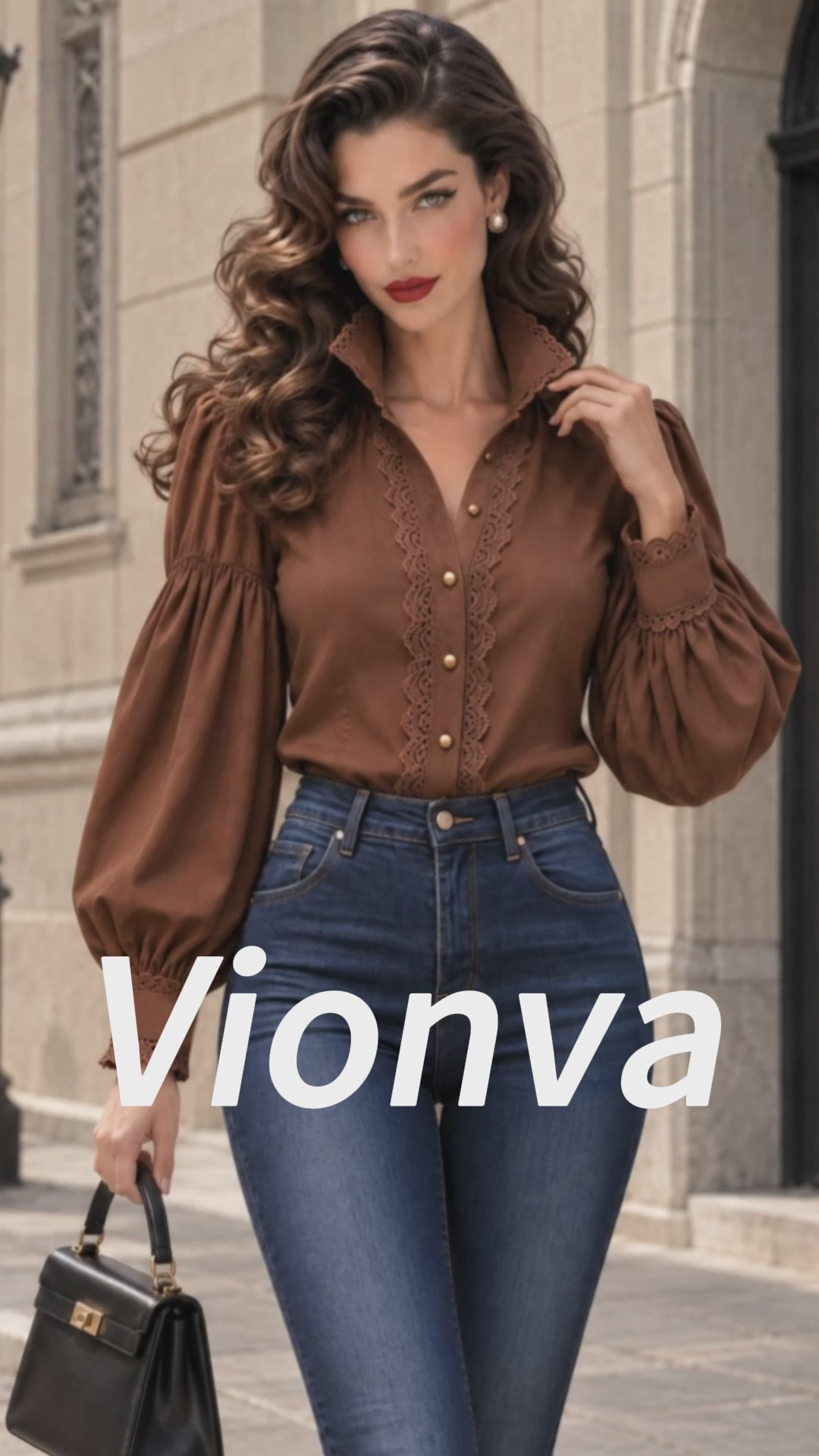 Vintage Lace Puff Sleeve Button Blouse