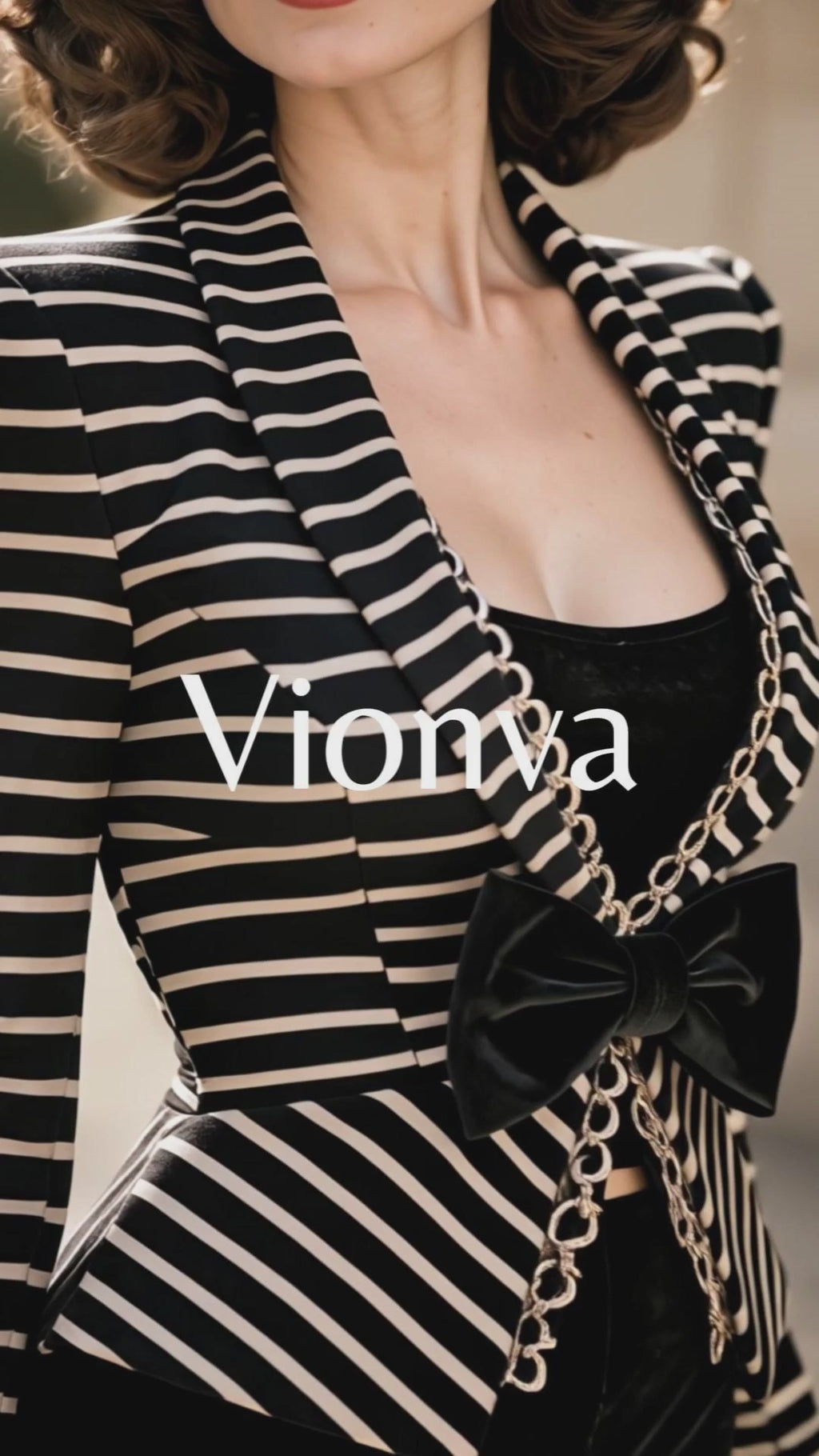 Vintage Striped Suit With Ruched Midi Skirt Set