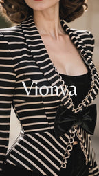 Vintage Striped Suit With Ruched Midi Skirt Set