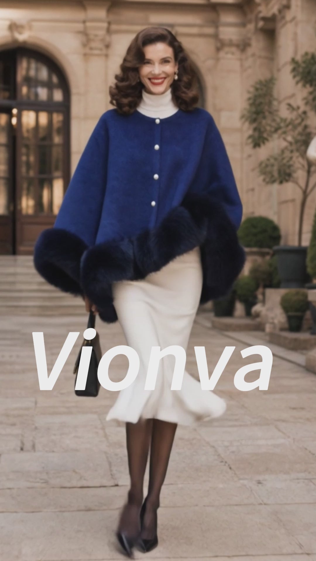 Vintage Navy Faux-Fur Trim Pearl-Button Wool Coat