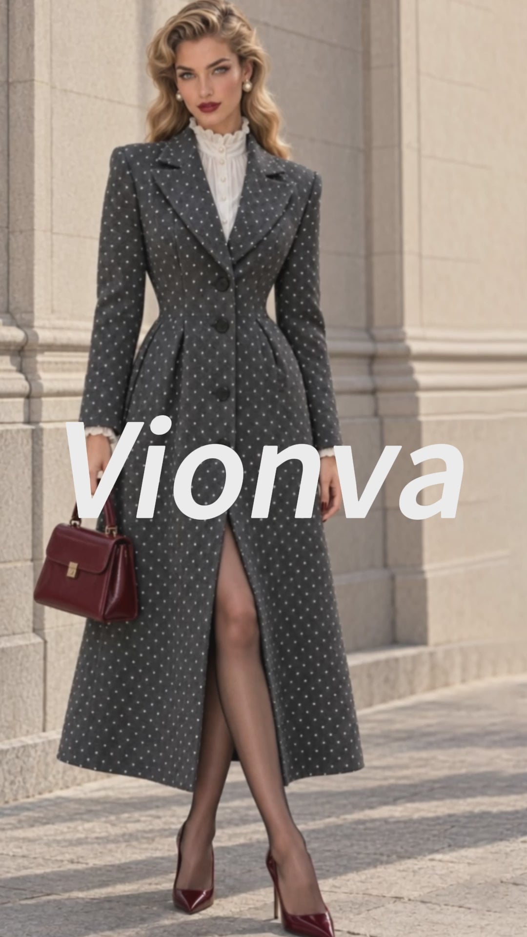 Vintage Polka-Dot Notch-Lapel Fitted Gray Coat