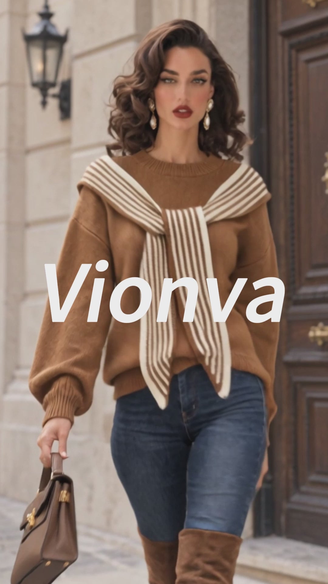 Vintage Striped Scarf-Collar Drop-Shoulder Knit Sweater