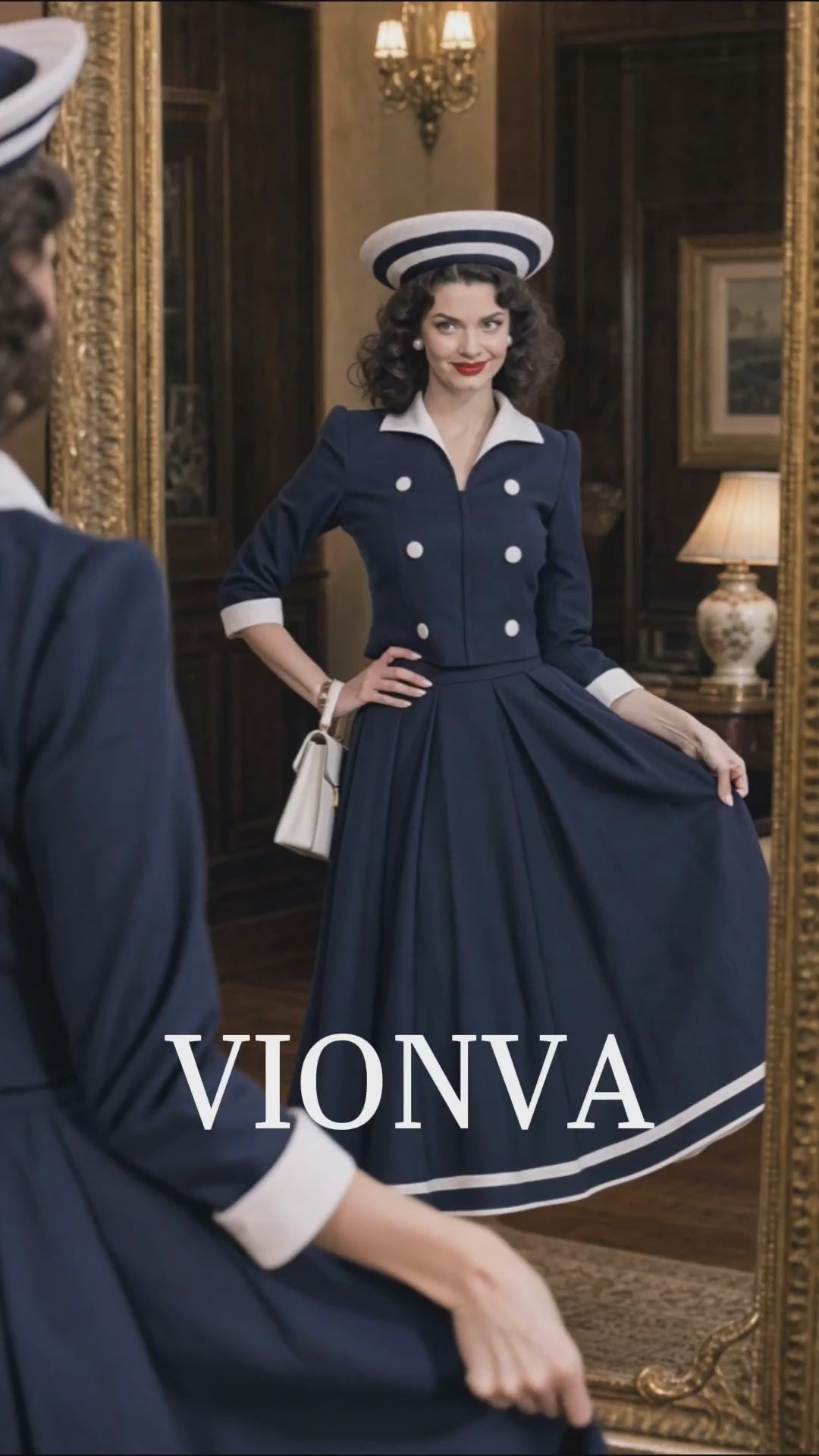 Vintage Hepburn Navy Two Piece Outfit Contrast Collar Top A‑Line Midi Skirt Set