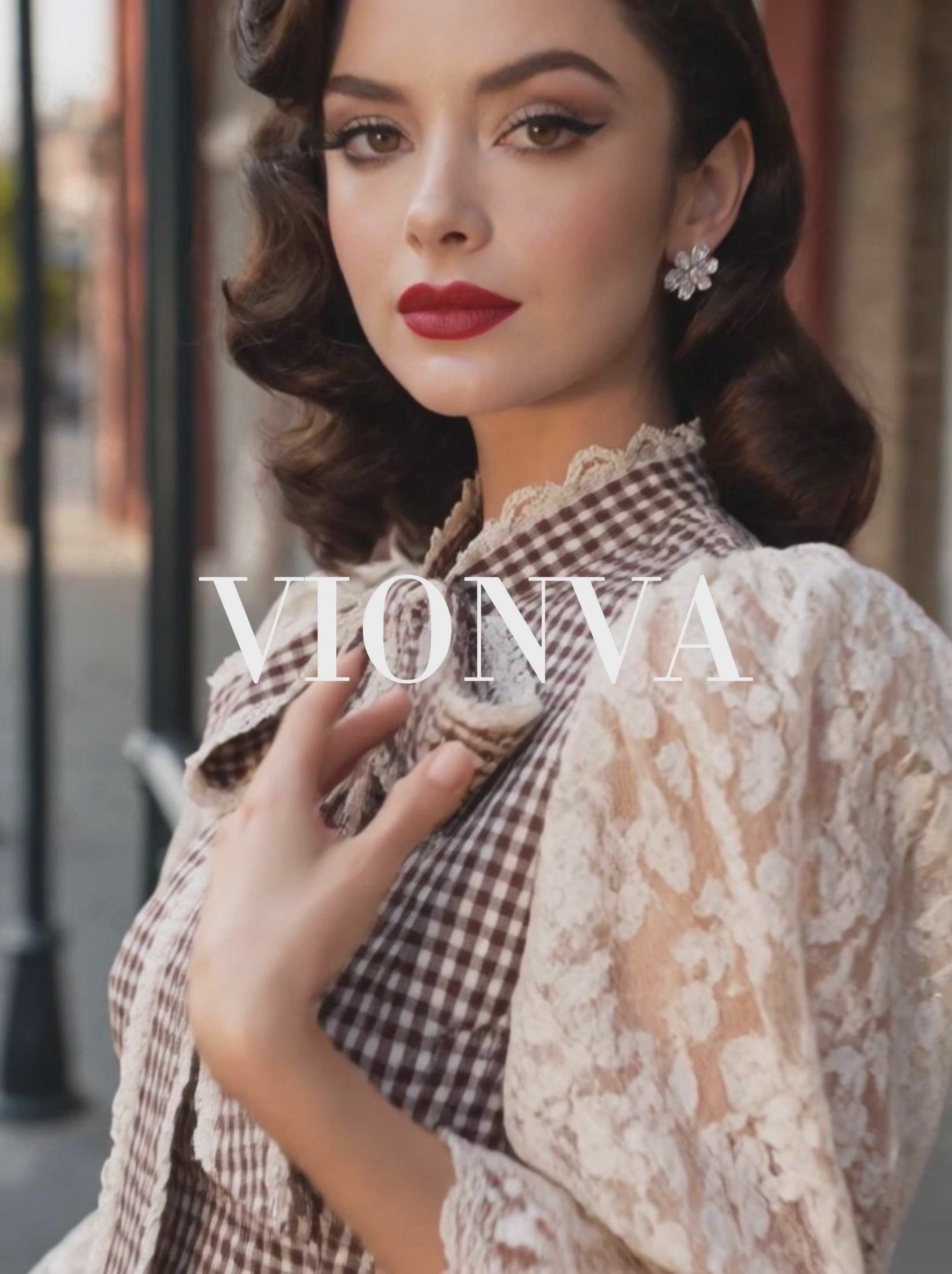 Elegant Brown Gingham Lace Puff Sleeve Mini Dress