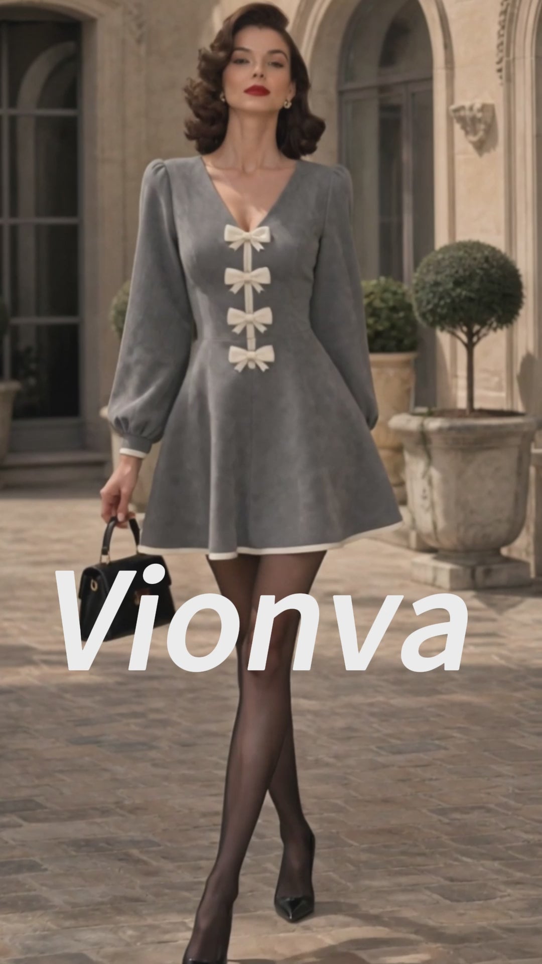 Vintage Grey Bow-Front Faux Suede A-Line Dress
