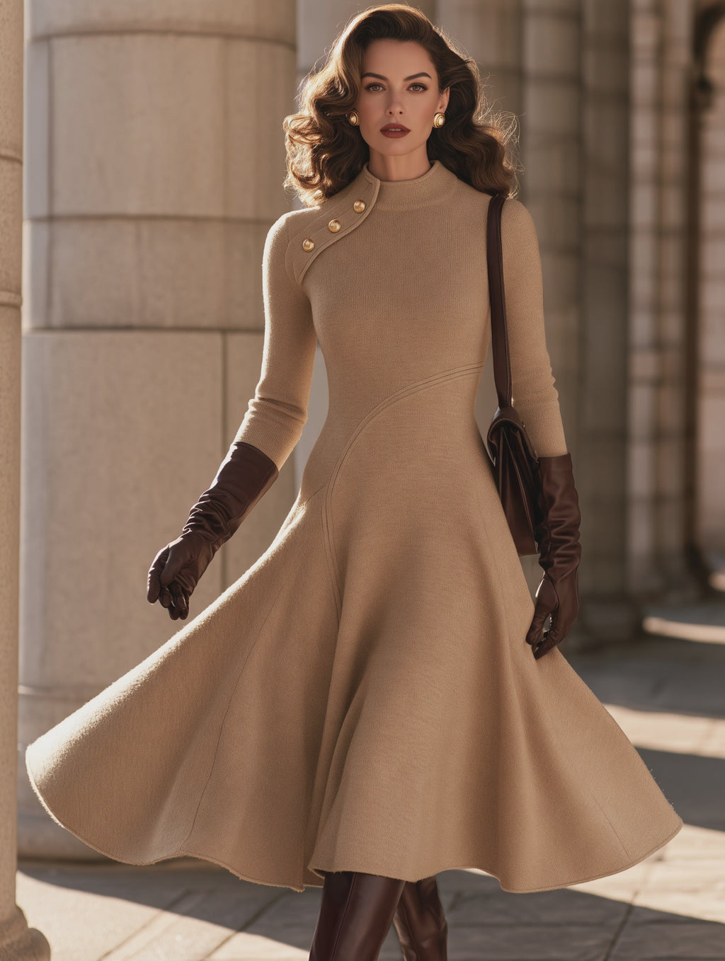 Vintage Camel Mock Neck Asymmetric Button Long Sleeve Midi Dress