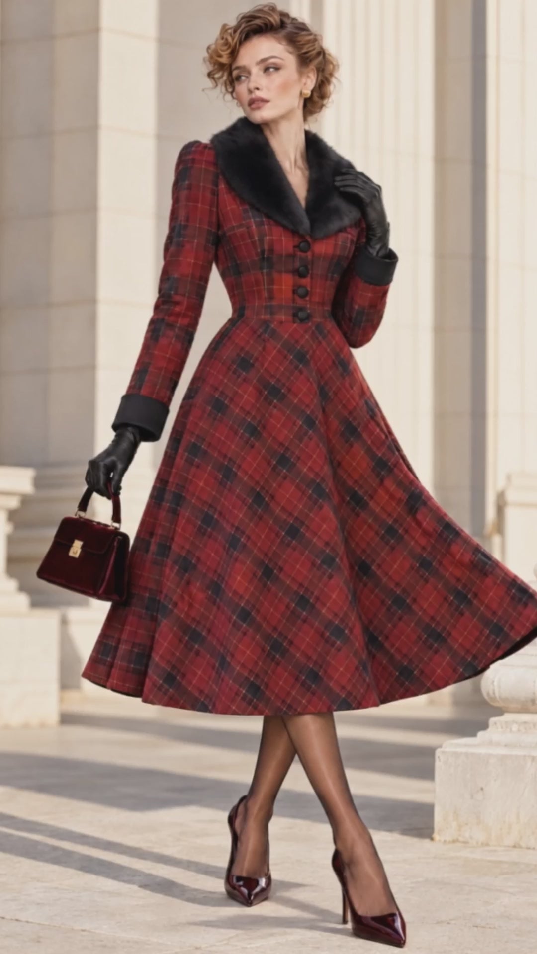 Vintage Midi Red Plaid Fur Collar Dress