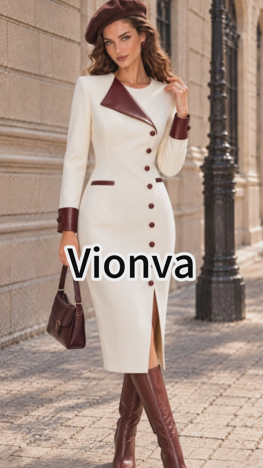Vintage Cream Burgundy Lapel Button Front Midi Dress