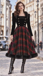 Vintage Velvet Bodice Tartan Midi Dress