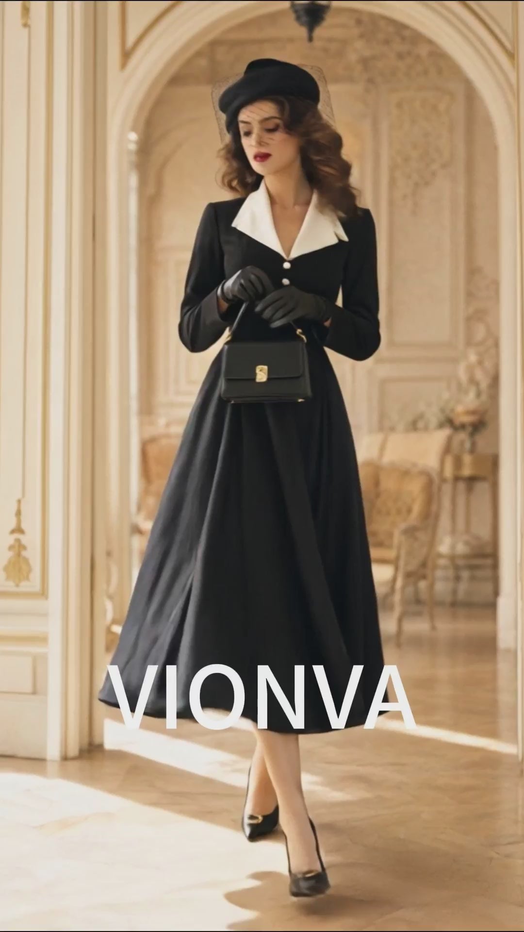 Vintage Contrast Collar Pearl Button Long Sleeve Fit & Flare Midi Dress