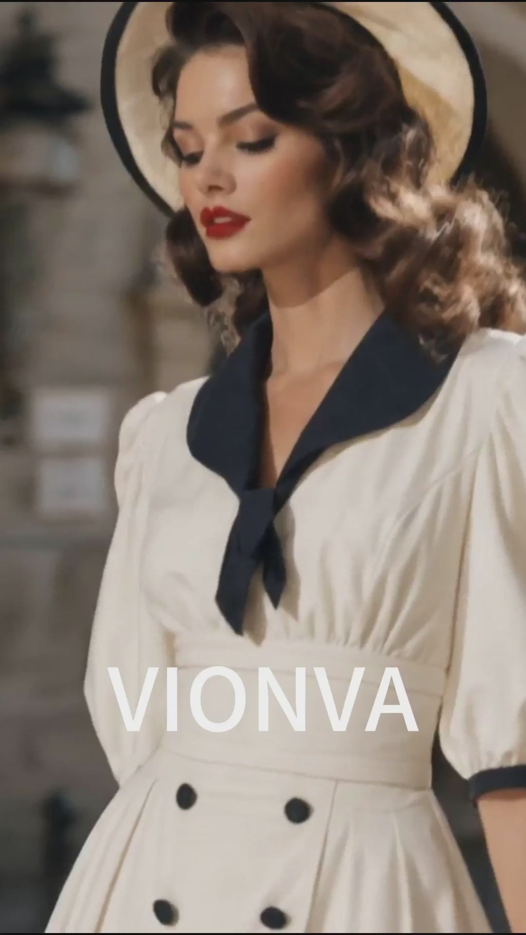 Vintage Contrast Sailor Collar Puff Sleeve Double‑Breasted Midi Dress