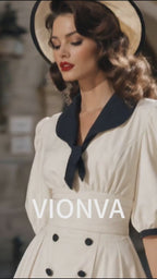Vintage Contrast Sailor Collar Puff Sleeve Double‑Breasted Midi Dress
