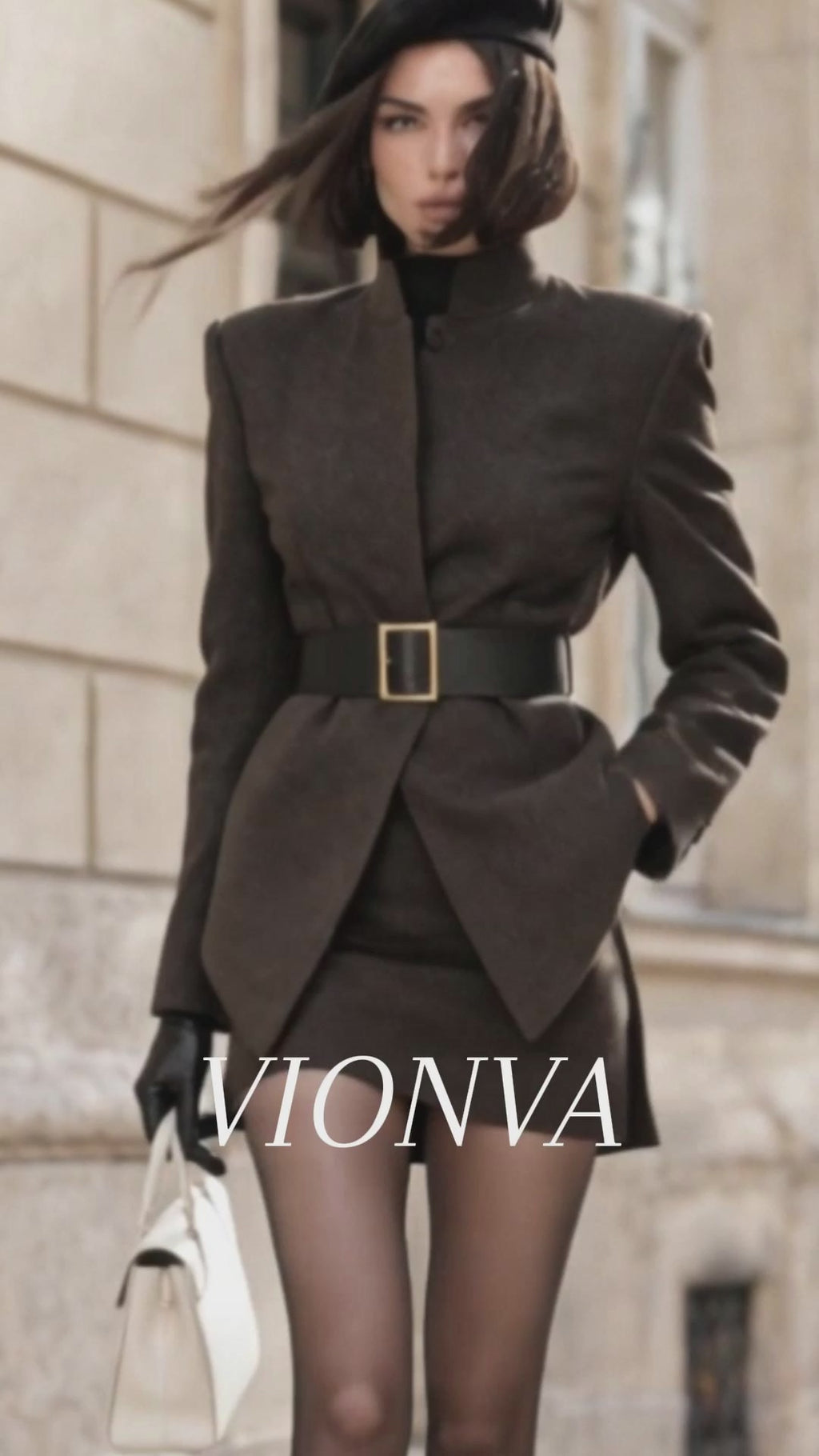 Vintage Funnel Neck Gold Buckle Belt Wool Coat