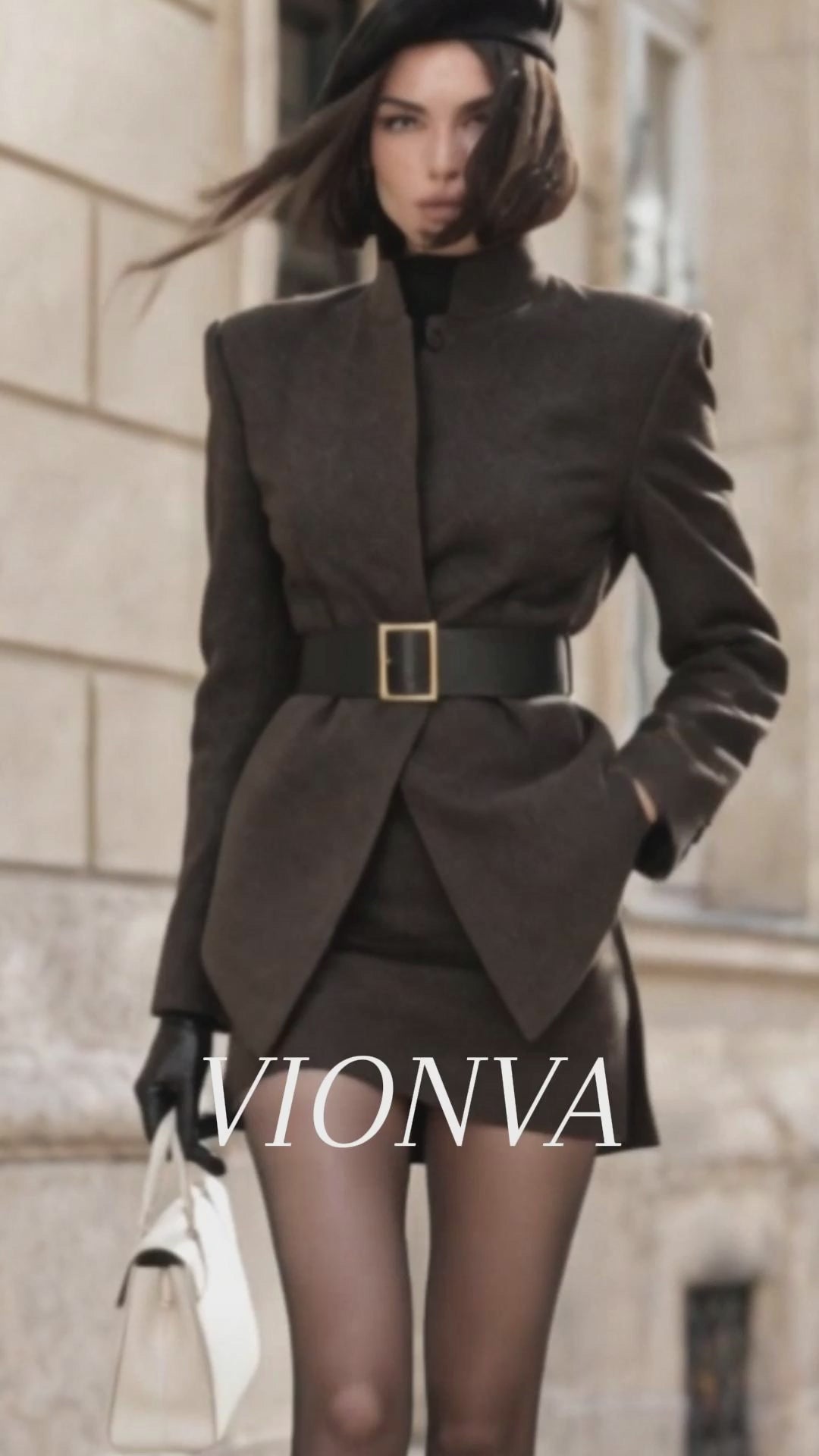 Vintage Funnel Neck Gold Buckle Belt Wool Coat