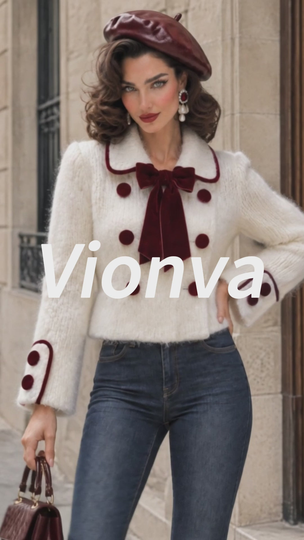 Intage Velvet-Bow Double-Breasted Mohair Knit Cardigan