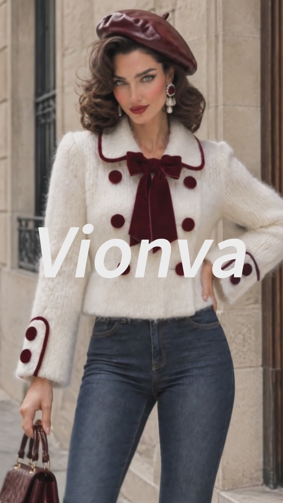 Intage Velvet-Bow Double-Breasted Mohair Knit Cardigan