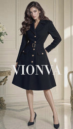 Retro Elegant Midi Belted Wool‑Blend Women Coat