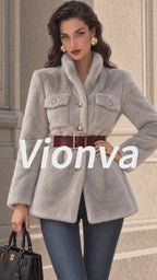 Vintage Gold-Button Belted Faux Fur Jacket