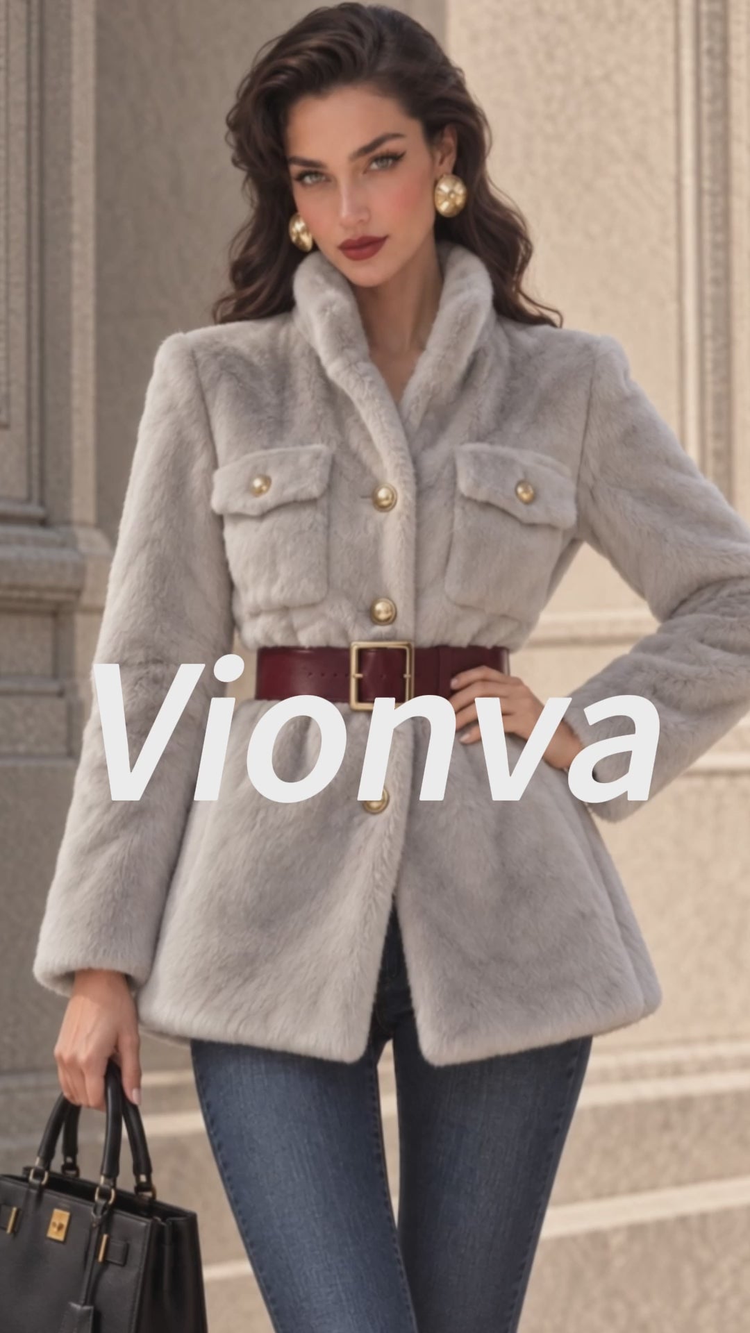 Vintage Gold-Button Belted Faux Fur Jacket