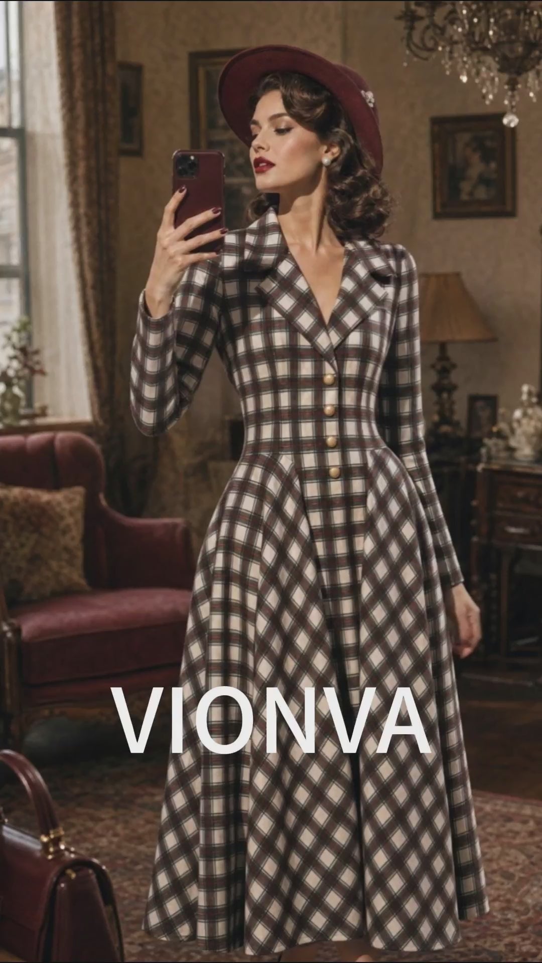 Vintage Plaid Lapel Collar Long Sleeve Fit & Flare Midi Dress