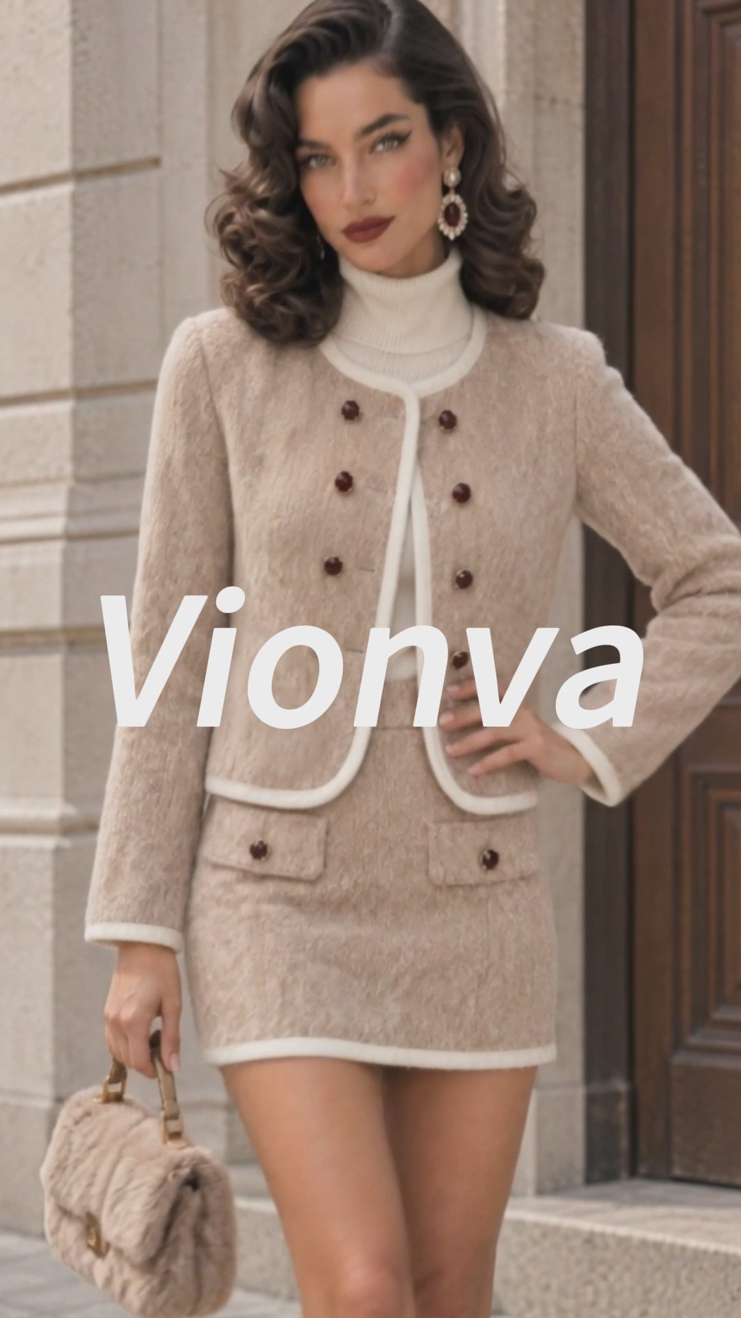 Vintage Beige Contrast-Trim Gem-Button Tweed Skirt Set