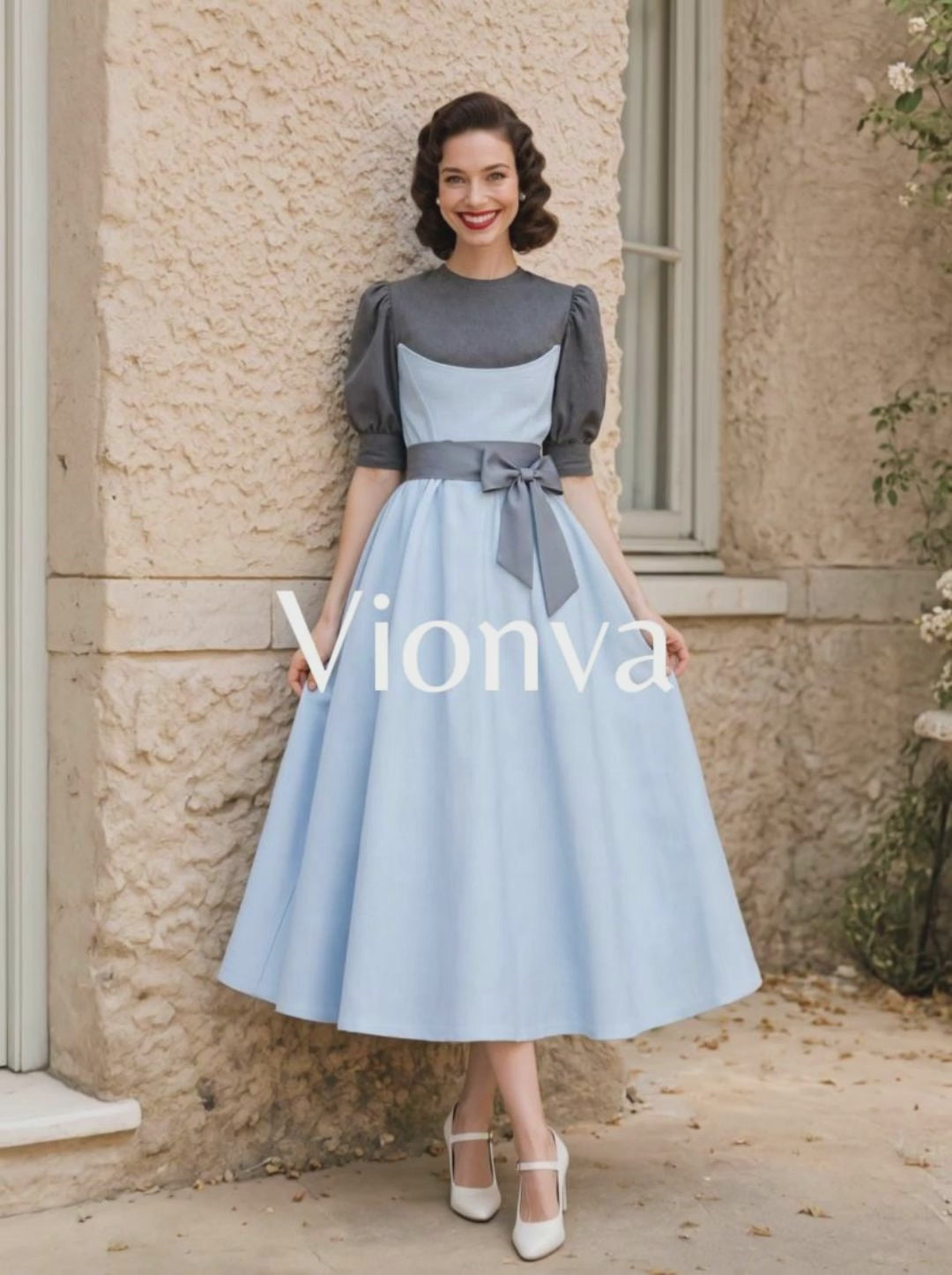 Vintage Color Block Fake Two-Piece Umbrella Midi Dress