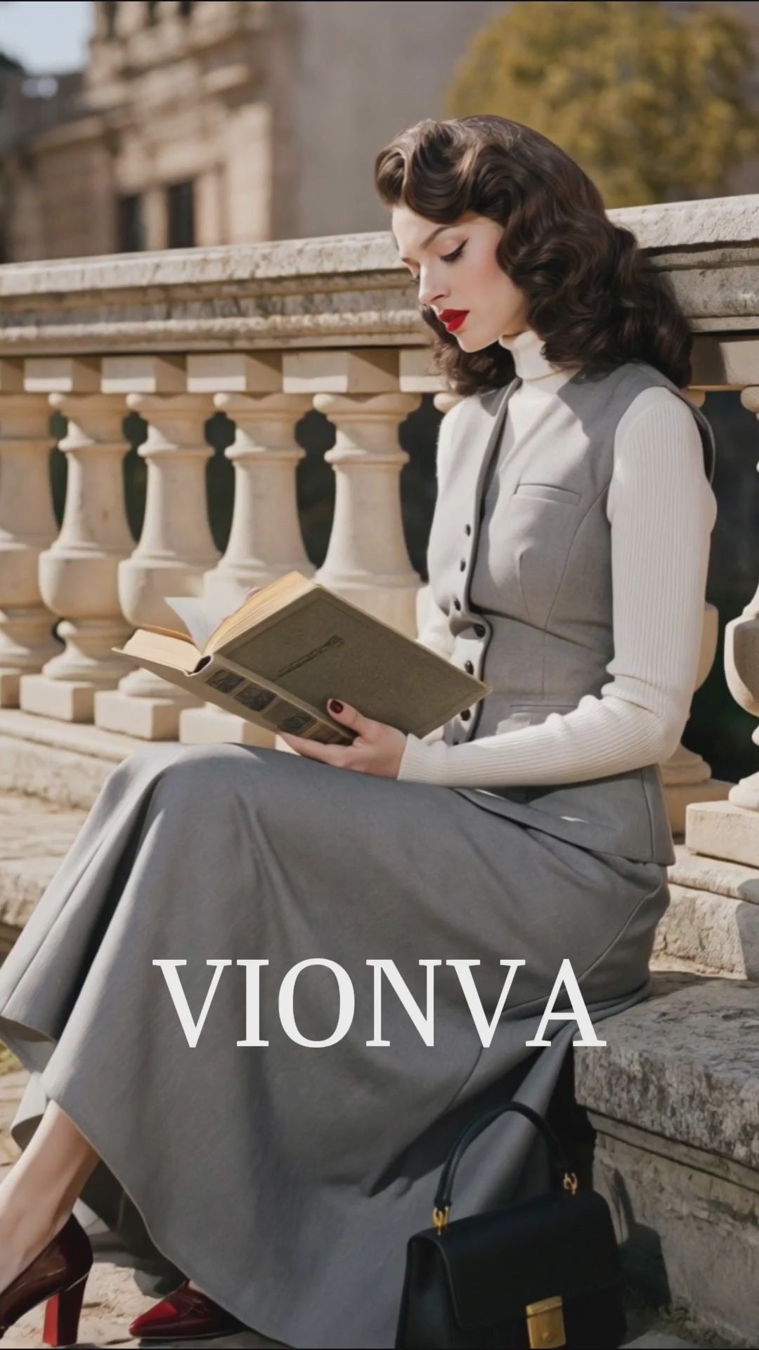 Vintage 1950s Grey V‑Neck Waistcoat And A‑Line Midi Skirt Two‑Piece Set