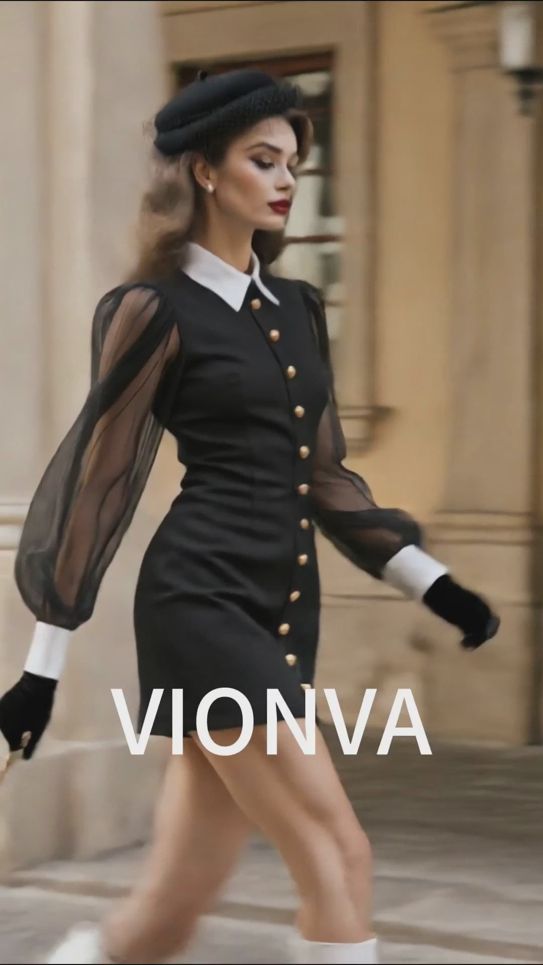 Vintage Hepburn Black White Contrast Tulle Puff Sleeve Fitted Mini Dress