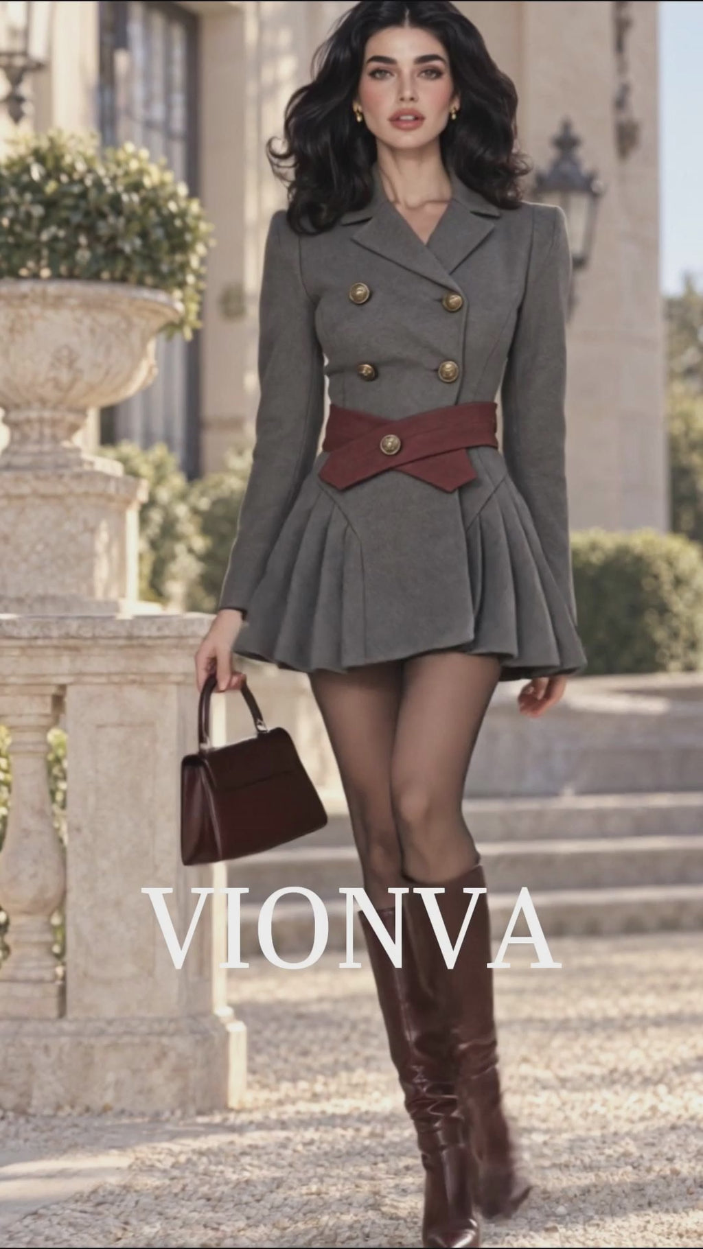 Vintage Grey Wool Blend Double Breasted Belted Mini Dress